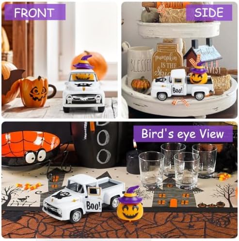 White Halloween Truck Decor, Pumpkin Pickup for Farmhouse Tabletop - Image 6