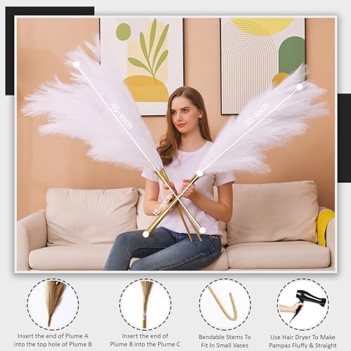 7 Pcs 45" Faux Pampas Grass – Fluffy Artificial Pompous Grass for Tall Floor Vase, Non-Shedding Home Decor, Boho Wedding Flowers, Baby Shower Centerpieces, Bedroom & Living Room Decor (White) - Image 2