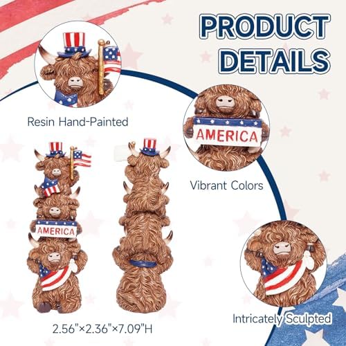 7.09inch Highland Cow 4th of July Decor, Stacked Patriotic Trio Figurine with Star & Stripe Accents, Rustic Resin Figurine for Farmhouse Table Decoration, US 250th Independence Memorial Day Gift - Image 4