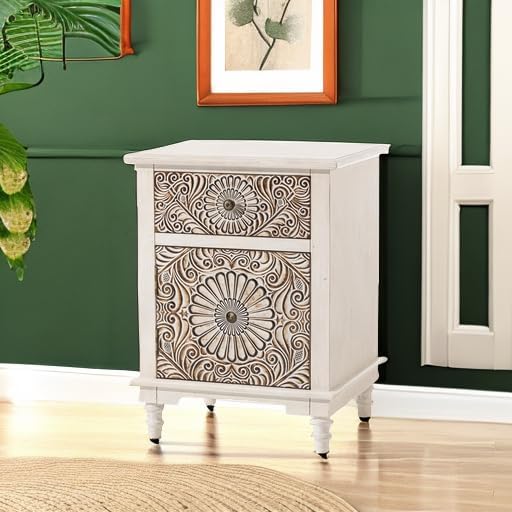 HOMPUS White Nightstand with Drawer & Storage, Fully-Assembled Flower Motif - Image 5