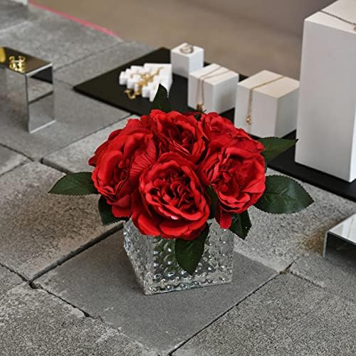 Artificial Peony Silk Flower Centerpieces Faux Floral Arrangement in Glass Vase for Home Wedding Table Decoration (Red) - Image 5