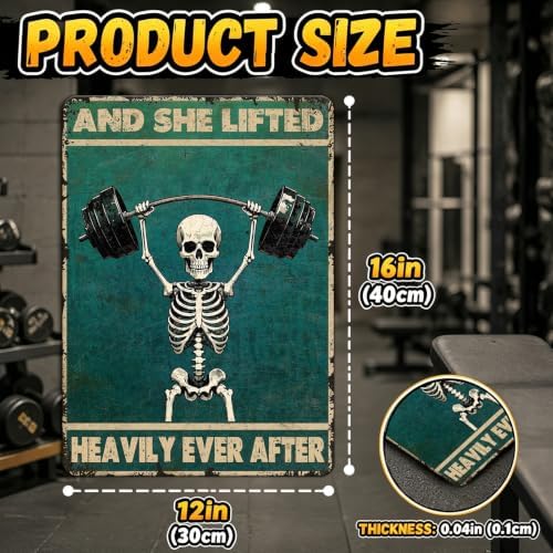 Skeleton Vintage And She Lifted Heavily Ever After Metal Tin Sign 12x16 Inch Gym Metal Poster Funny Skull Gym Tin Sign Home Kitchen Garden Bar Coffee Restaurant Bathroom Are Wall Decor - Image 2