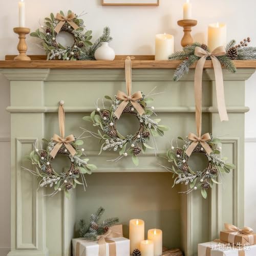 6 Pcs Small 4th of July Hanging Wreaths for Cabinets Patriotic Mini Candle Ring Wreath with Red White Blue Flowers (4, Winter Snow Pinecones) - Image 4