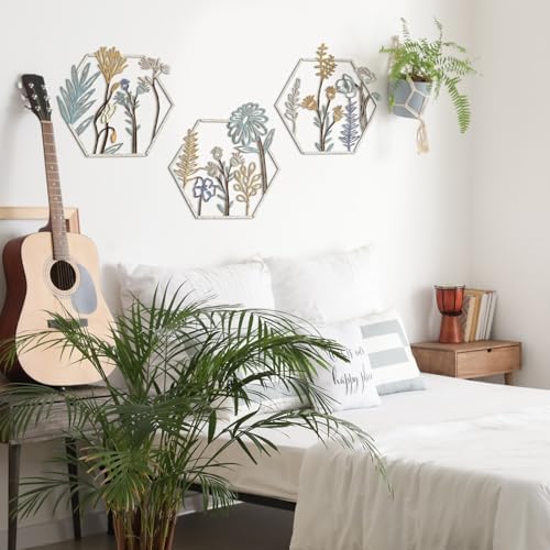 Peryiter 3Pcs Metal Flower Wall Decor Minimalist Floral Hanging, Beige Gold - Image 6