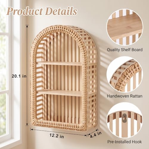 Rattan Wall Shelf - 3 Tier Boho Arched Wicker Hanging Shelves - Image 4