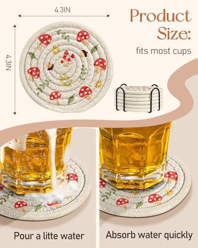 Absorbent Cup Coasters Set of 6 with Holder, Red Mushroom - Image 4