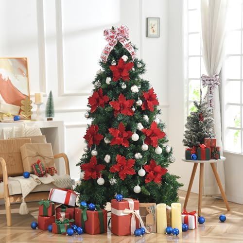 10 PCS Glitter Poinsettias, 8.7" Artificial Christmas Flowers, Dark Red - Image 5