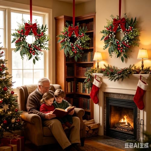 6 Pcs Mini Christmas Wreaths for Cabinets 9" Christmas Kitchen Cabinet with Burgundy Red Berry Eucalyptus Leaves Bow for Indoor Outdoor Farmhouse Home Wall Window Festival Wedding Decor - Image 7