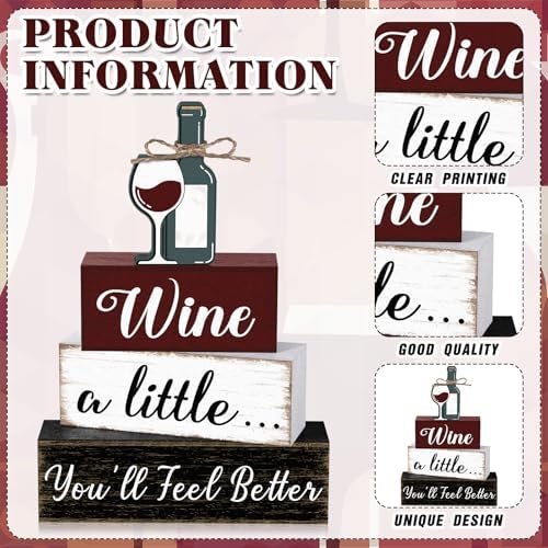 Marsui 4 Pcs Wine Decorations Wooden Farmhouse Wine Bar Sign for Kitchen - Image 4