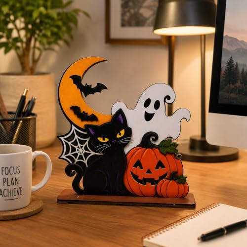 Halloween Wooden Tabletop Decoration, Cute Ghost Pumpkin Black Cat Decor, Spooky Fall Shelf Sign for Home Mantel Desk Office and Halloween Party - Image 4