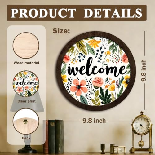 CFFJLHN Farmhouse Floral Welcome Sign Wall Art Round Wooden Decor - Image 7