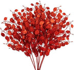 Oairse 8 Pcs Christmas Tree Picks and Sprays Red Glitter Christmas Picks 26.8" Christmas Glitter Eucalyptus Leaves Stems for Christmas Tree Filler Branches Wreaths Centerpieces Holiday Decorations by Oairse