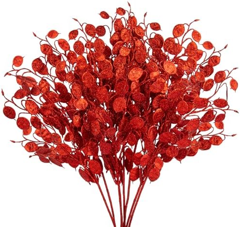 Oairse 8 Pcs Christmas Tree Picks and Sprays Red Glitter Christmas Picks 26.8" Christmas Glitter Eucalyptus Leaves Stems for Christmas Tree Filler Branches Wreaths Centerpieces Holiday Decorations by Oairse