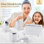 Glass Bathroom Accessories Set 5Pcs Crystal Clear- Foaming Soap Dispenser, Soap Dish, Cup, Acrylic Toothbrush Holder with Tray Organizer, Cotton Swab Jar, Bathroom Counter Set Sink Decor - Image 2