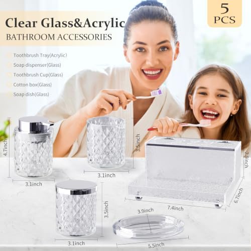 Glass Bathroom Accessories Set 5Pcs Crystal Clear- Foaming Soap Dispenser, Soap Dish, Cup, Acrylic Toothbrush Holder with Tray Organizer, Cotton Swab Jar, Bathroom Counter Set Sink Decor - Image 2
