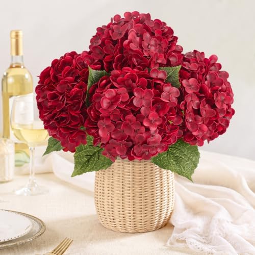 3 Pcs Real Touch Hydrangea Artificial Flowers, 21" Fake Flowers, Dark Red - Image 3