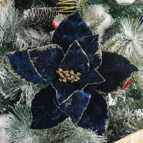 10 Pcs 9.4" Velvet Poinsettia Picks Glitter Artificial Christmas Flower Stems for Xmas Tree Wreath Garland Winter New Year Home Decoration, Navy Blue by YSZL