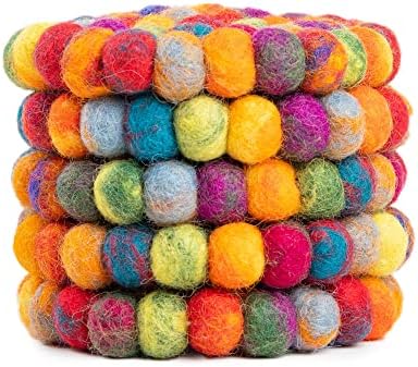 Round Felt Ball Coasters - Wool Table Coasters - Felt Coaster Pads, Absorbent Trivet for Drinks - Heat Resistant, Thick & Durable Hand Felted in Nepal by Woolygon- Multi-Color - Set of 5 - Image 2