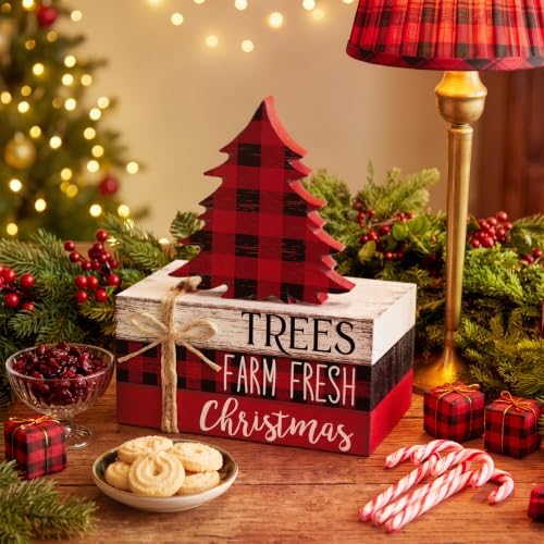 Geelin 4 Pcs Christmas Buffalo Plaid Table Decoration Wood Book Stack Signs - Image 5