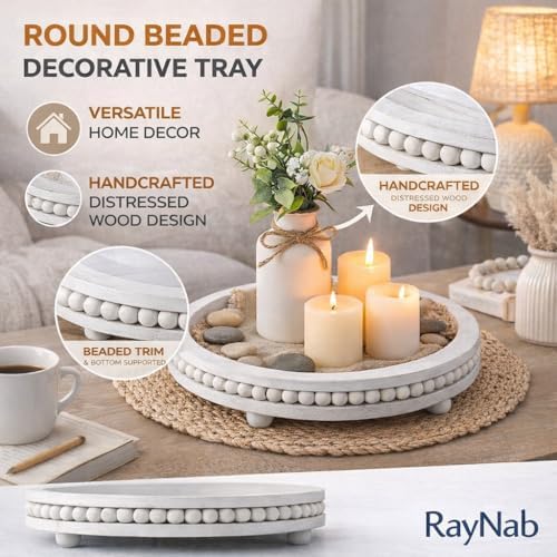 RayNab Farmhouse Round Wooden Beaded Tray - 12in Whitewashed Rustic Decor - Image 2
