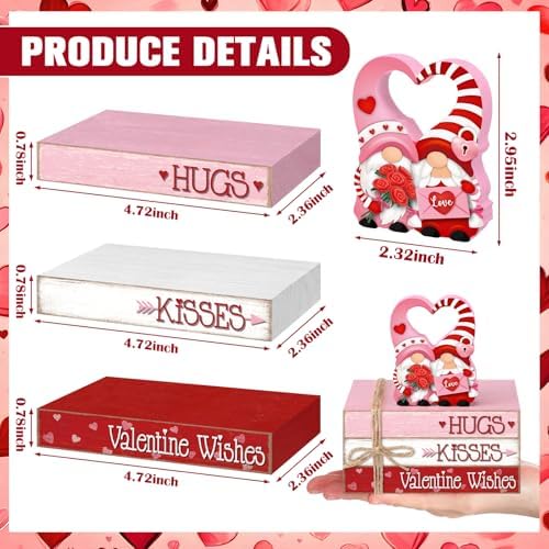 Geelin 4 Pcs Valentine Day Gnome Table Decoration Wooden Book Stack Signs - Image 3