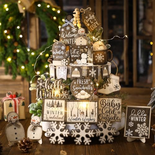 Shellwei 23 Pcs Winter Tiered Tray Decor, Hello Winter Snowman Signs - Image 2