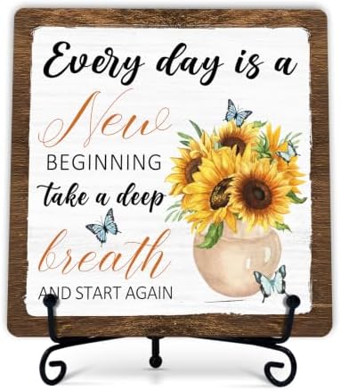 Rustic Farmhouse Decor, Sunflower Wooden Sign for Home Office Desk Shelf Tabletop Decor, Housewarming Gifts for Women Men (A05) by Fbitey