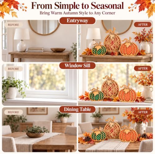 AstraVox 3Pcs Wooden Pumpkin Fall Decor, Rustic Autumn Decorations for Home - Image 4