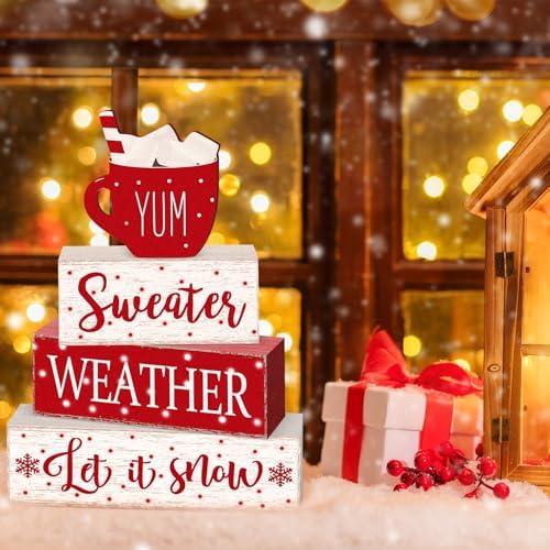 Marsui 4 Pcs Winter Tabletop Decor Red Hot Cocoa Christmas Block Signs - Image 6