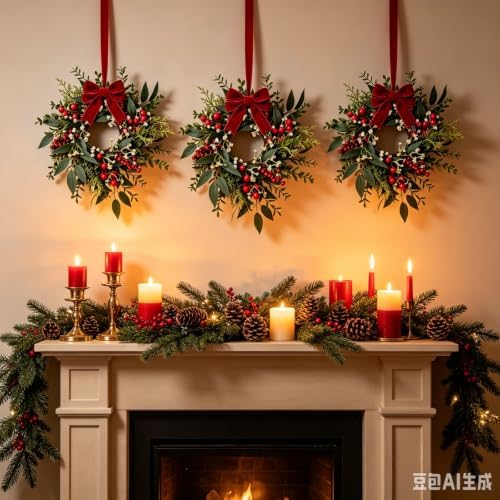 10 Pcs Mini Christmas Wreaths for Cabinets 9" Christmas Kitchen Cabinet with Burgundy Red Berry Eucalyptus Leaves Bow for Indoor Outdoor Farmhouse Home Wall Window Festival Wedding Decor - Image 3