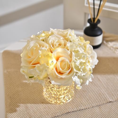 Rose Silk Flower Arrangement Artificial Vivid Rose in Glass Vase with LED Light Elegant Centerpiece for Home Wedding Bathroom Table Shelf Decoration (Champagne) - Image 4