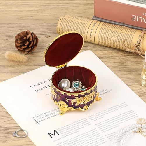 Hipiwe Vintage Jewelry Box Small Trinket Storage Organizer Box Gold Metal Chest Ring Case Treasure Chest Round Keepsake Boxes for Earrings Necklace Gift for Women,Purple - Image 4