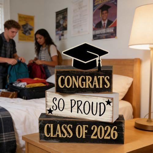 2026 Graduation Table Decorations Class of 2026 Senior Tiered Tray Decor Wooden Cap Block Signs Farmhouse Congrats Grad Tabletop Party Centerpiece for Tables Wooden Sign for Home Decor - Image 5