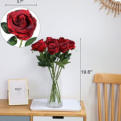 Nubry 10pcs Burgundy Roses Artificial Flowers, Realistic Faux Red Rose - Image 5