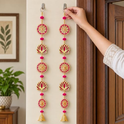 ZIG ZAG Pack of 4 Handmade Lotus Wall and Door Hangings with Bells, 36 Inches Long, 3.5-Inch Lotus Width, Pink and Gold Decorative Hangings for Home, Pooja, Wedding and Festivals - Image 5