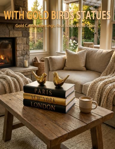 Decorative Books for Home Decor & Coffee Table Book Decor - Set of 3 Real Hardcover Decorative Books (Paris, London, New York) with Gold Ceramic Birds - Modern Shelf Decoration - Image 3