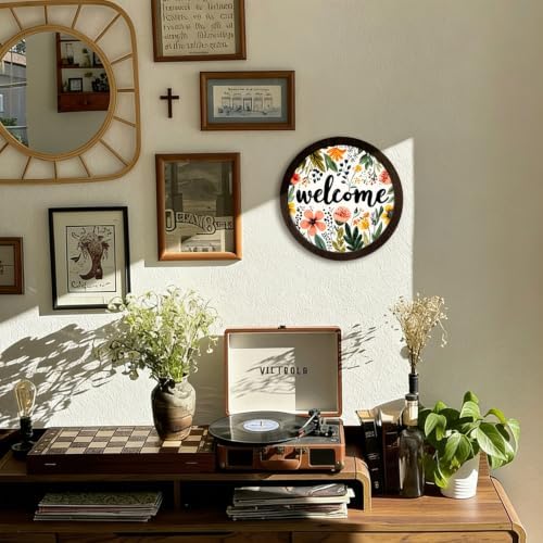 CFFJLHN Farmhouse Floral Welcome Sign Wall Art Round Wooden Decor - Image 3