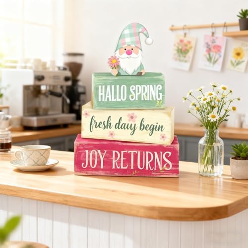 Spring Decoration Wooden Tiered Tray Decor – Rustic Hallo Spring Stacked Block Sign with Spring Gnome Topper – Farmhouse Tabletop Spring Decor for Living Room Shelf Kitchen Seasonal Home Display - Image 5