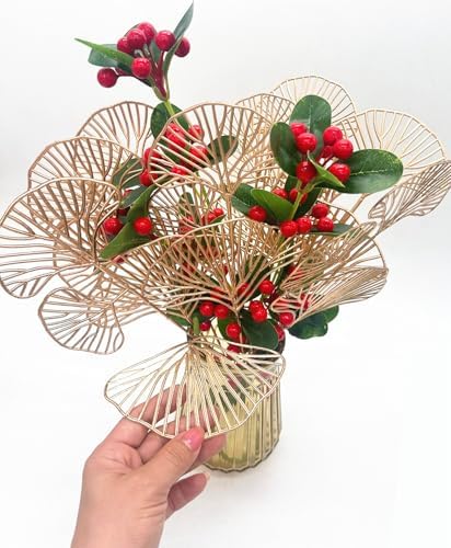 Golden Ginkgo Leaves Stems Christmas Decoration, Artificial Plants Fake Plastic Simulation Apricot Leaf Grass for Wedding Party Indoor Home Office DIY Crafts Flowers Bouquet Xmas Gold Decor - 12 Pack - Image 5
