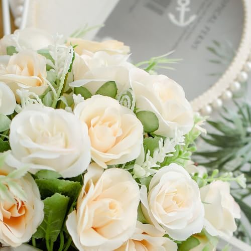 TKAS Fake Flowers Arrangement in Ceramic Vase, Artificial Faux Silk Roses, Small Realistic Dried-Style Floral, Dining Table Centerpiece for Wedding Party Home Decoration (Champagne White) - Image 4