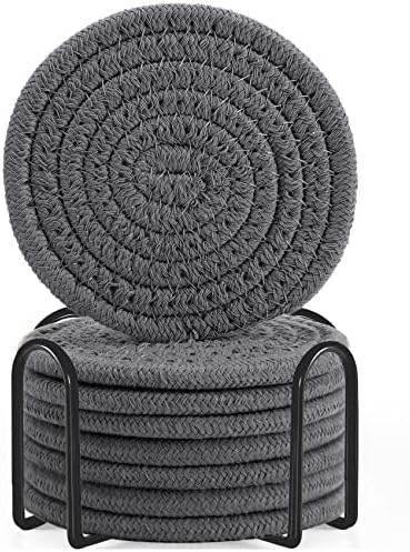 ABenkle 8 Pcs Drink Coasters with Holder, Cotton Woven Absorbent Coasters for Drinks, Minimalist Home Decor Coaster Set for Wooden Tabletop Protection Table, 4.3 inches Grey by ABenkle