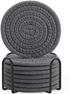 ABenkle 8 Pcs Drink Coasters with Holder, Cotton Woven Absorbent Coasters for Drinks, Minimalist Home Decor Coaster Set for Wooden Tabletop Protection Table, 4.3 inches Grey by ABenkle