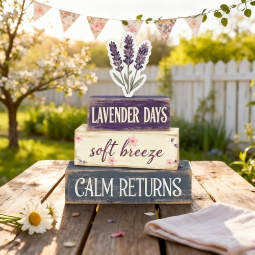 Spring Decoration For Home Wooden Lavender Tiered Tray Decor Rustic Spring Block Sign with Lavender Farmhouse Tabletop Spring Decor Centerpiece for Tables Seasonal Home Easter Decor - Image 5