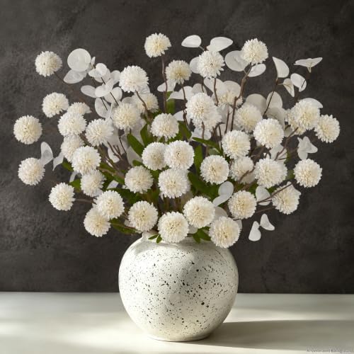 24Pcs White Faux Silk Mums Artificial Flowers Bulk with Eucalyptus Stems by Yastouay