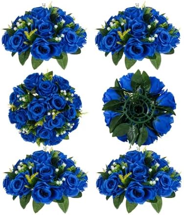 BLOSMON Royal Blue Artificial Flowers: 6 Pcs Fake Roses Flower Ball Centerpieces for Wedding Dinning Table - Faux Silk Kissing Bouquet with Base Floral Arrangement for Home Party Event Decor by Blosmon