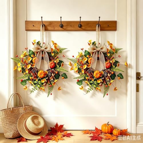 4 PCS Mini Fall Wreaths for Kitchen Cabinets Small Fall Hanging Wreath with Pumpkins Pinecones Berries Eucalyptus Thanksgiving Wreath for Front Door Window Cabinet Farmhouse Decor - Image 4