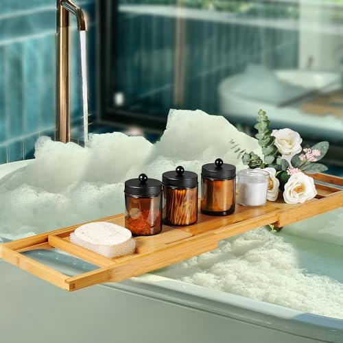 Amolliar Amber Glass Apothecary Jars Qtip Holder w/Metal Lids,Black 6pc - Image 6
