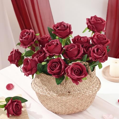 100Pcs Burgundy Roses Artificial Flowers, Realistic Silk Fake Roses Bouquet - Image 2