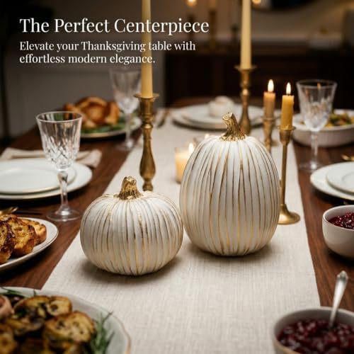 Fall Pumpkin Decor, White & Gold Resin Pumpkins Decorative Pumpkin - Image 4