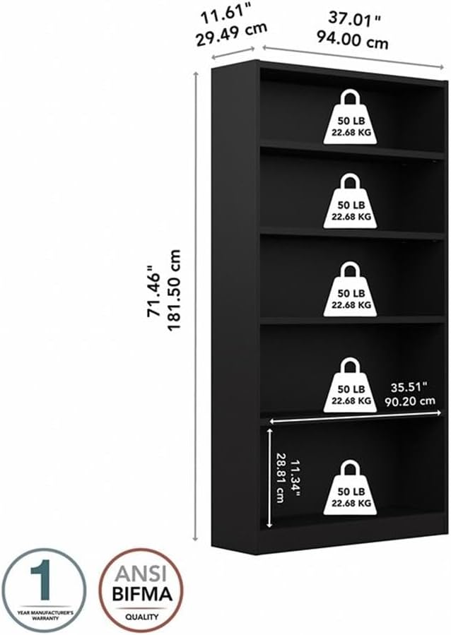 Bush Home Tall 5 Shelf Bookcase, 5 Tier Bookshelf Storage Cabinet - Image 3